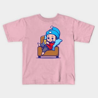 Cute Boy Operating Phone On Sofa Cartoon Kids T-Shirt